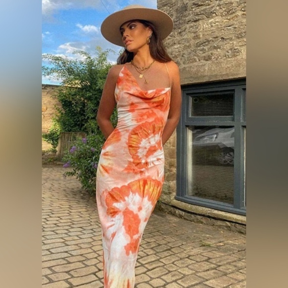 Commense Tropical Floral Tie Dye Print Cami Long Dress Orange Sz. M NWT!